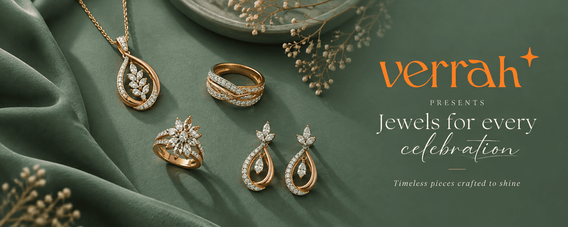 Verrah - Jewels for every celebration, fine diamond necklace, rings & earrings on emerald silk